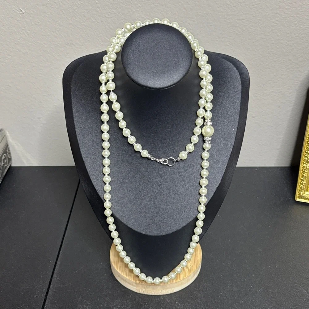 Faux Pearl Long Elegant Necklace Rhinestone Accent